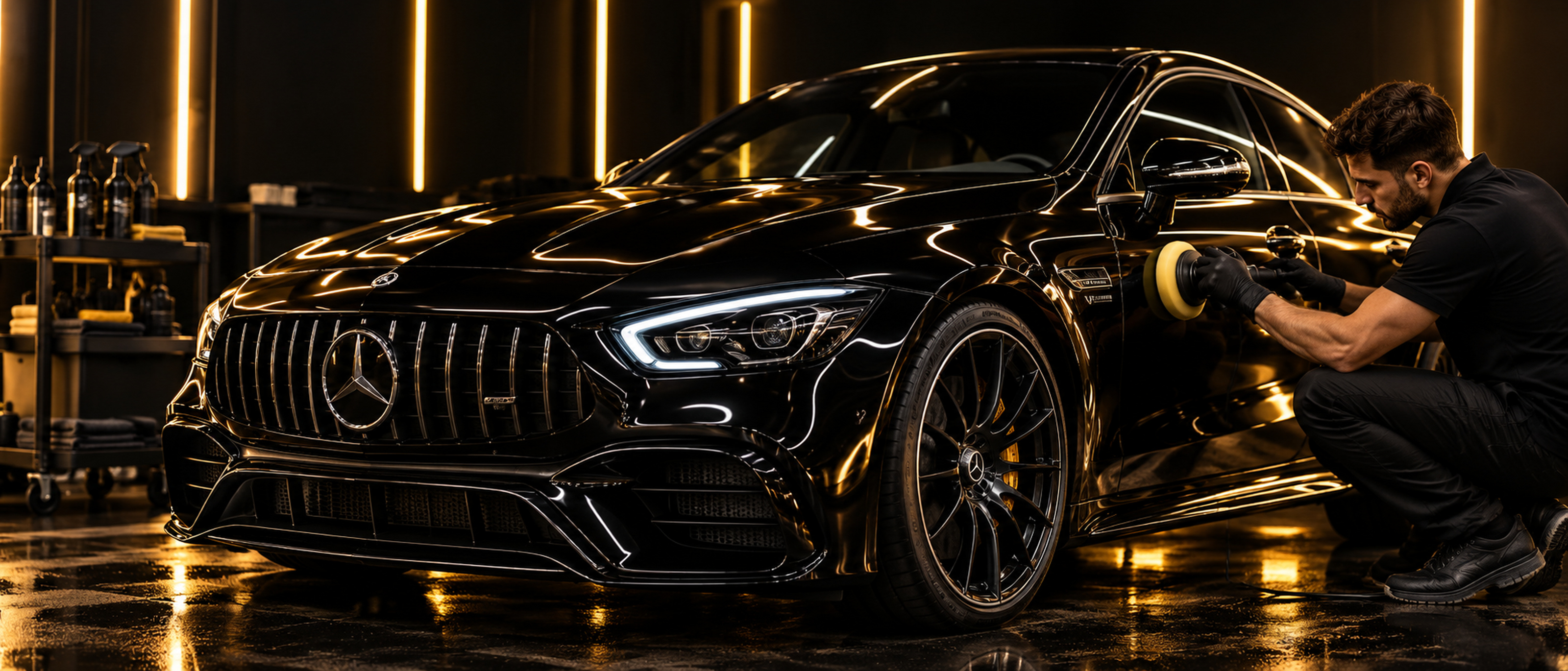 Voiture noire lustrée, fond noir, reflets dorés, ambiance luxe