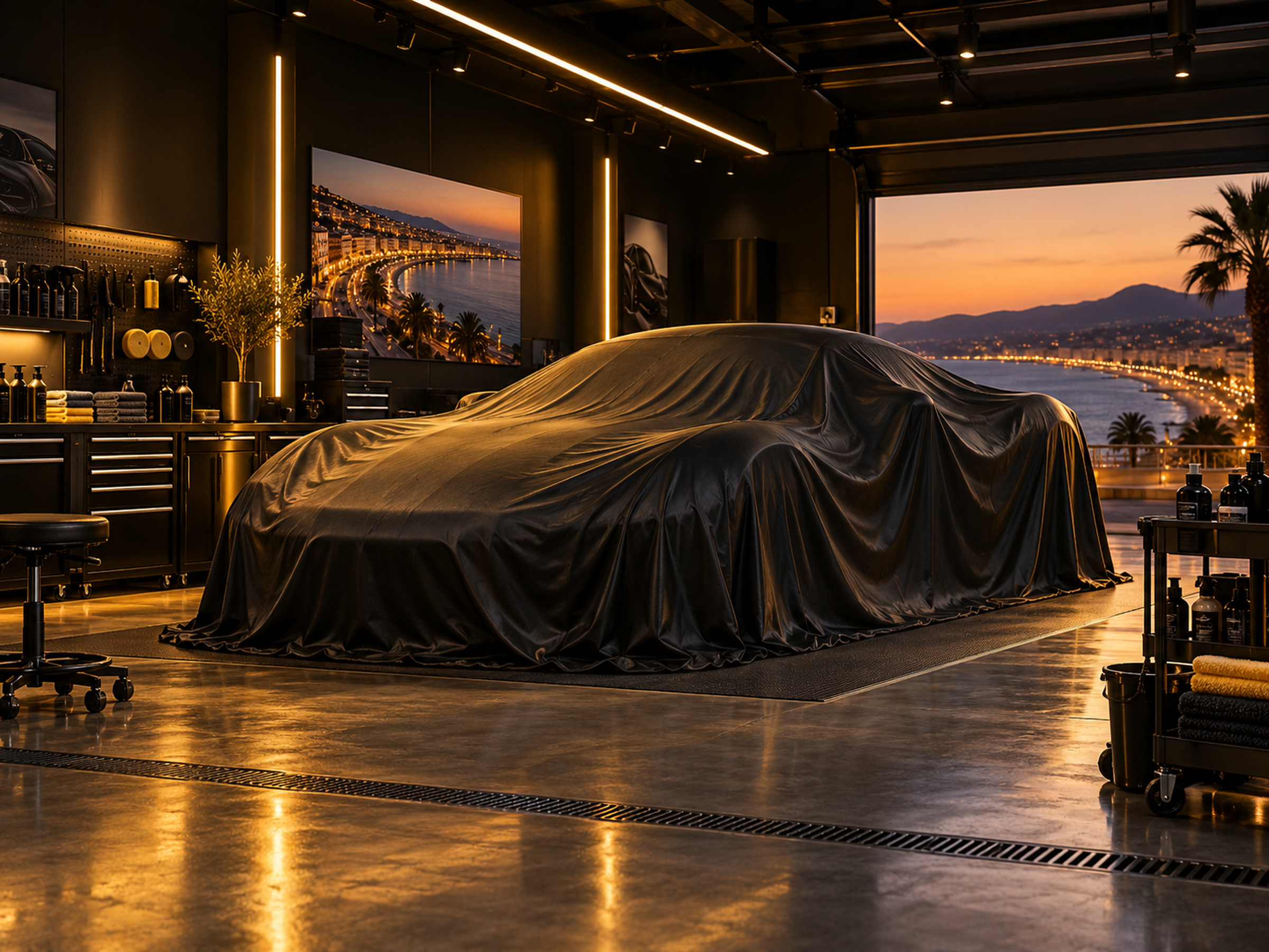 Atelier sombre et élégant, éclairage doré, une voiture sous bâche